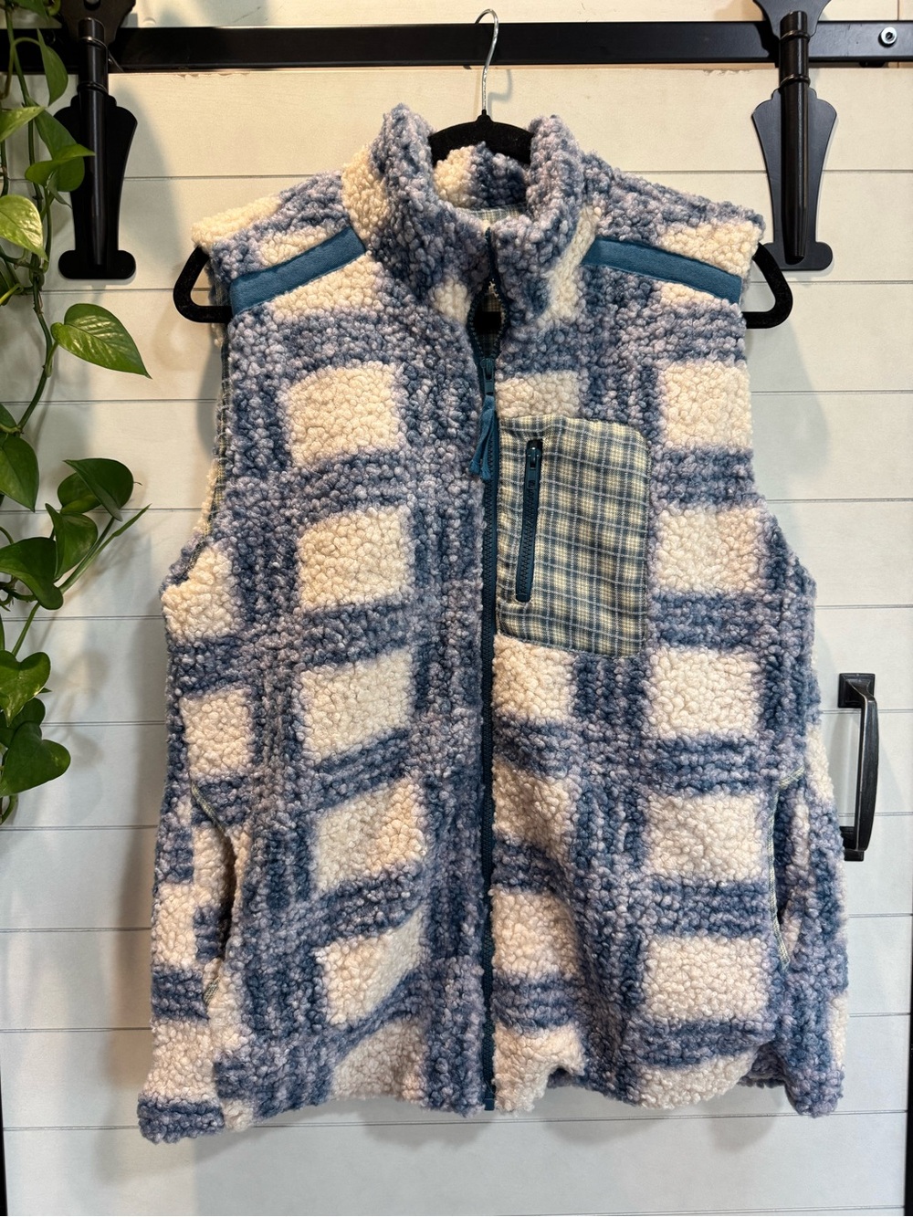 Umgee Blue and Cream Plaid Sherpa Vest with Zipper Pocket
